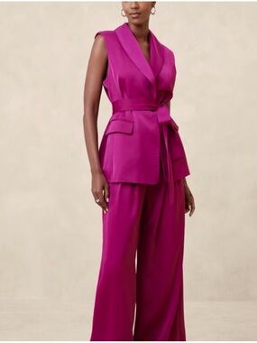 NWT Banana Republic Vibrant Fuchsia Silky Wide-Leg Pants with Matching Long Vest